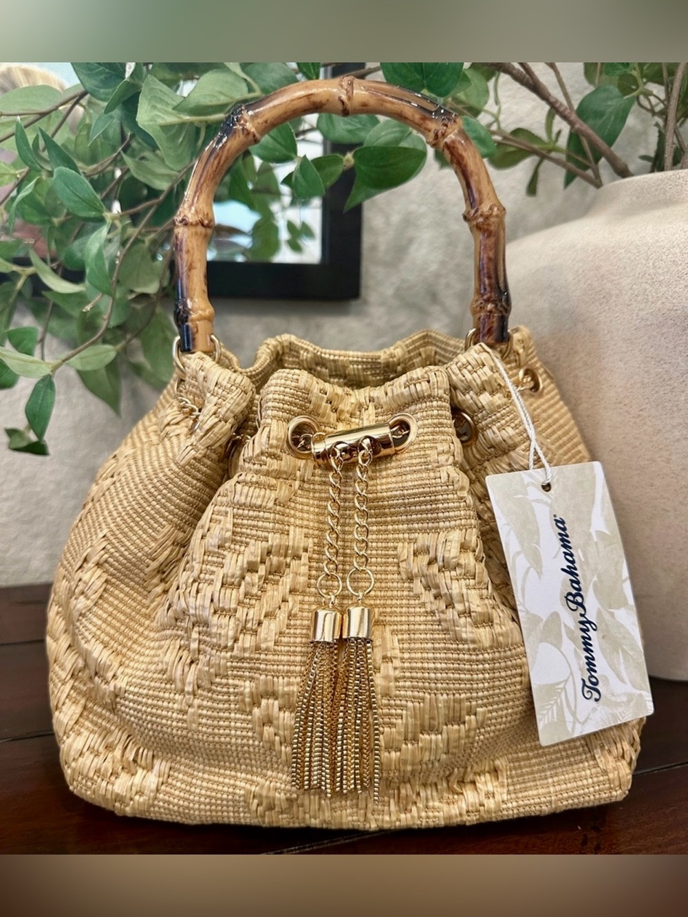 Tommy Bahama Natural Woven Straw Mini Bucket Bag with Bamboo Handle & Gold chain